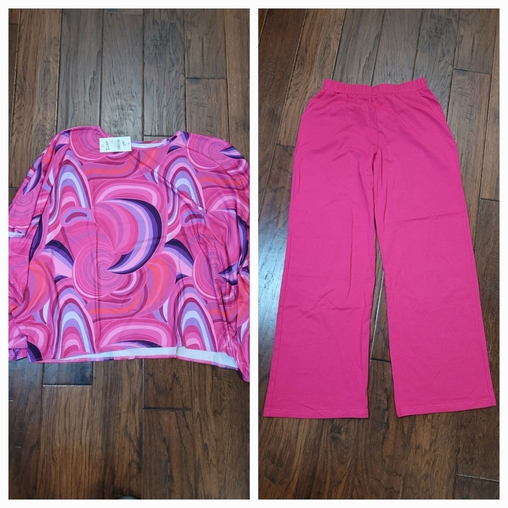 NWT Southern Stitch Pink/Purple Swirl Oversized Top & Pink Pullon Pants Set (S)